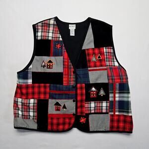 Vintage Koret Patchwork Vest Plaid Embroidered Holiday Black Red 20W Christmas